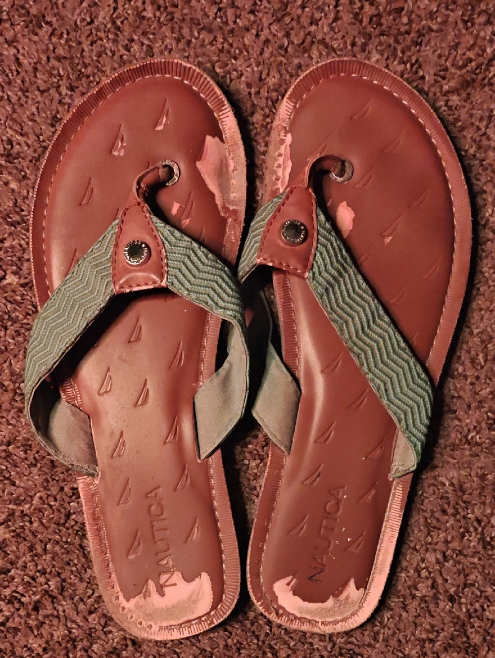Nautica Brown Footbed Flip Flops with Green Chevron Straps VERY WORN!